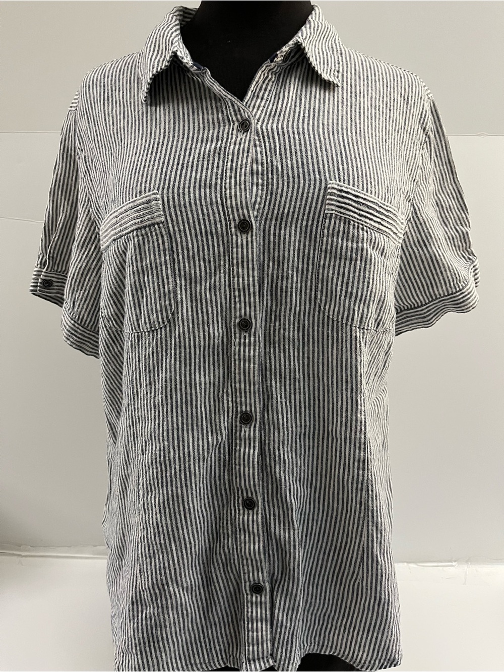 Christopher & Banks Black and White Striped Short-Sleeve Button-Down Shirt